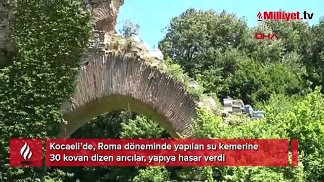 Tarihi su kemerini tahrip edip, üzerine kovanları koydular