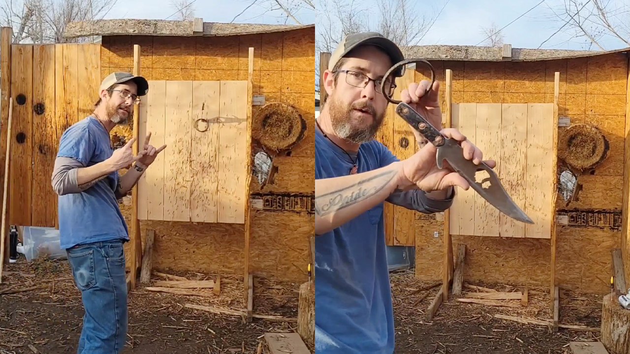 'Knife-throwing trickshot artist shows the coolest way to hang a ring on a knife handle '