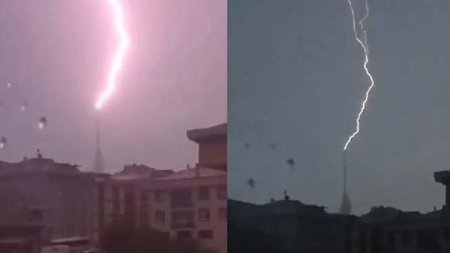 Çamlıca Radyo-TV Kulesi’ne yıldırım düştüğü anlar kamerada