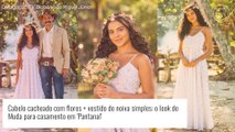 Cabelo cacheado com flores   vestido de noiva simples: o look de Muda para casamento em 'Pantanal'