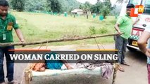 With no road, woman patient carried on sling to ambulance in Nayagarh