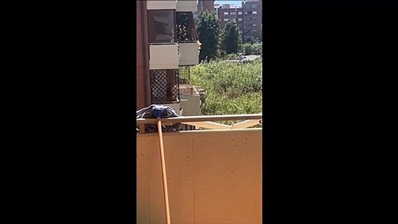 Elle tente d'éteindre un feu depuis son balcon