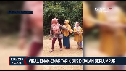 Viral, Emak-Emak Di Buton Tarik Bus Di Jalan Berlumpur