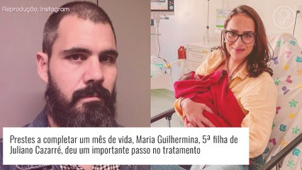Filha de Juliano Cazarré dá importante passo no tratamento, mas ainda precisará de cirurgia: 'Sofremos e comemoramos'