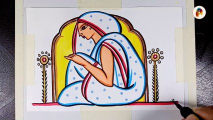 Painting in Indian Folk Art Style Jamini Roy Woman Near window