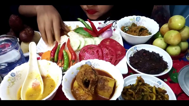 ASMR K EATING HILSHA FISH CURRY, KARALA, RED SPINACH, SWEET PUM| PKIN, PULSES, PLUM ,SWEET |
