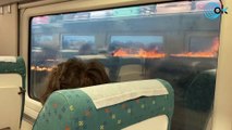 El momento en el que un tren con decenas de pasajeros se topa con las llamas del incendio de Zamora