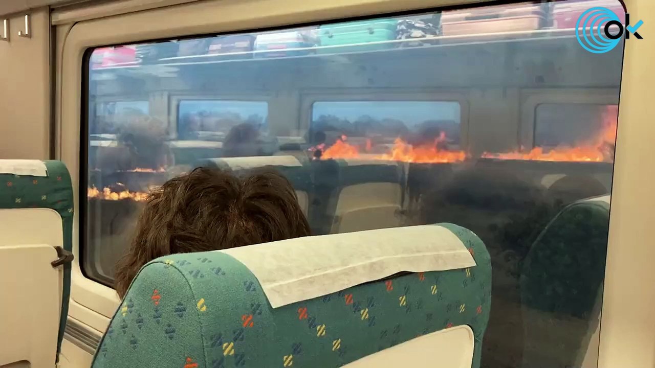 El momento en el que un tren con decenas de pasajeros se topa con las llamas del incendio de Zamora