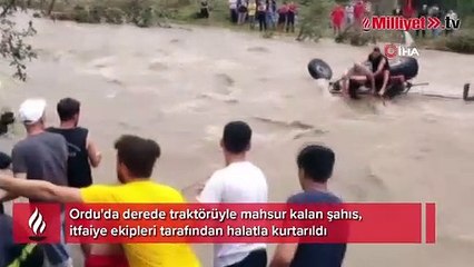 Derede sürüklenen traktörde mahsur kalan sürücü böyle kurtarıldı