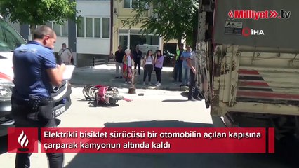 Elektrikli bisiklet sürücüsü kamyonun altında böyle kaldı