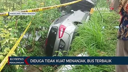 Diduga Tidak Kuat Menanjak, Bus Terbalik