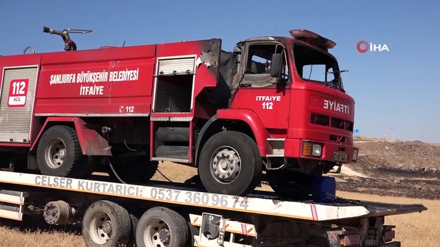 İtfaiye erinin üzerinden düştüğü araç yandı