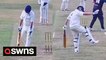 Funny moment dad forgets his pads during rival cricket game