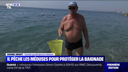 Tải video: Épuisette à la main, ce touriste lorrain traque les méduses sur la plage de Cagnes-sur-Mer