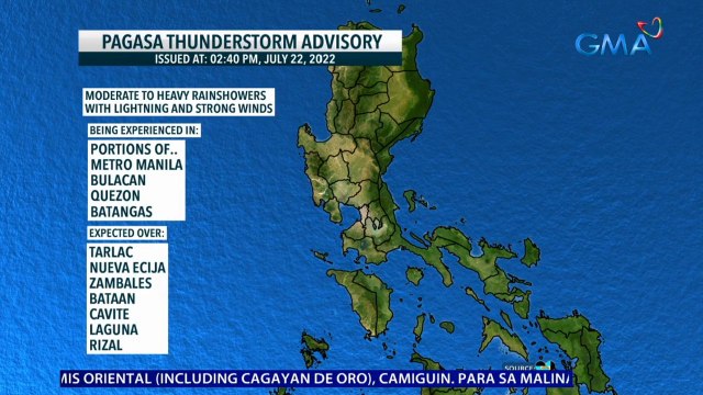 PAGASA thunderstorm advisory issued at 2:40 p.m. (July 22, 2022) | 24 Oras News Alert