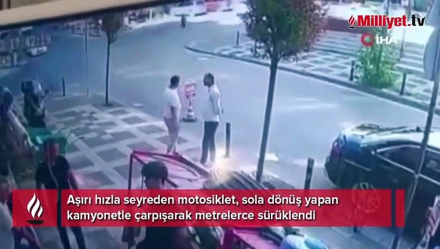 Motosiklet sürücüsü metrelerce sürüklendi