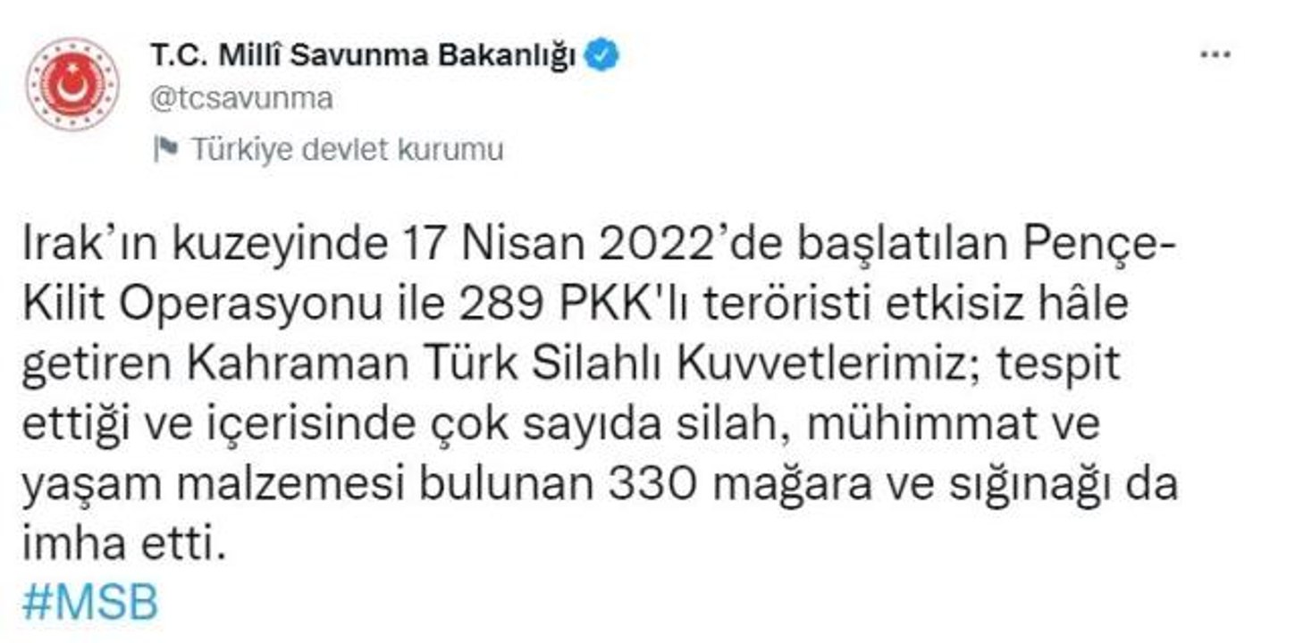Son dakika haber... MSB duyurdu: Pençe-Kilit Operasyonunda bugüne kadar 289 terörist etkisiz hale getirildi