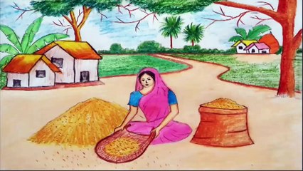 Descargar video: how to draw village working woman scenery step by step||village landscape woman work scenery drawing