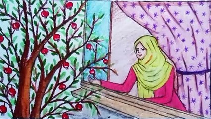 beautiful hijab girl drawing scenery ||beautiful hijab girl taking fruit from window drawing scenery