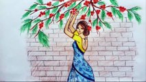 how to draw scenery of beautiful girl taking flower from garden step by step/ girl in the garden art