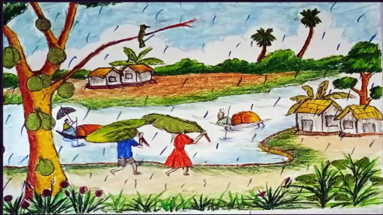 how to draw village rainy season scenery step by step easy || River side village scenery