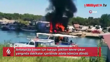Bakım için karaya çekilen tekne alev alev yandı... O anlar kamerada