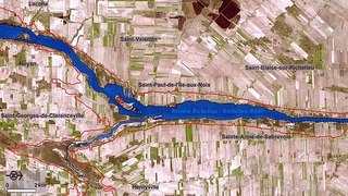 RADARSAT-2 data shows the maximum (in red) and minimum extent of the flooding in the portion of the Basin of the Richelieu River