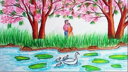 beautiful nature and cute couple drawing scenery || nature scenery art drawing tutorial