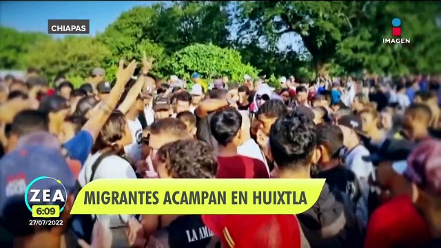Migrantes instalan campamento en Huixtla, Chiapas
