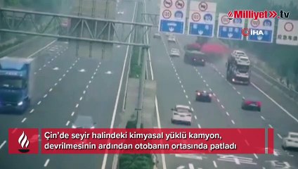 Kimyasal ürün yüklü kamyon otobanın ortasında patladı