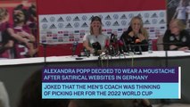 Alexandra Popp wears fake moustache to Germany news conference