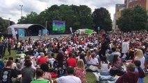 England fans sing the National Anthem at the Fan Park on Devonshire Green for the Womens Euros Final