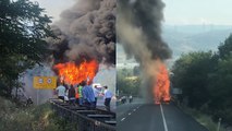 Yolcu otobüsü alev alev yandı; karayolu ulaşıma kapandı