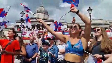 England fans celebrate the Lionesses Euros win in Trafalgar Square