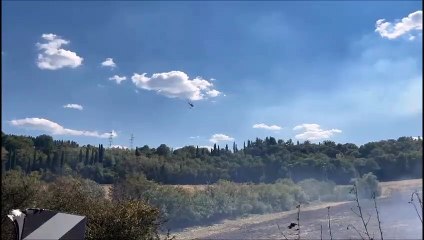 Incendio parte dall'autostrada e attacca la vegetazione, arrivano gli elicotteri
