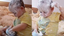 Toddler shows off his self-care skills by applying cream all over his body!