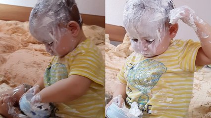 Toddler shows off his self-care skills by applying cream all over his body!