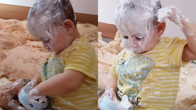 Toddler shows off his self-care skills by applying cream all over his body!