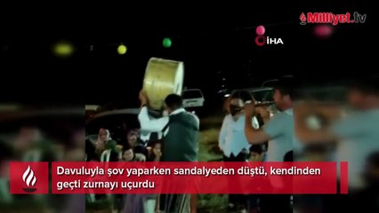 Davuluyla şov yaparken sandalyeden düştü, kendinden geçti zurnayı uçurdu