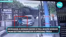 Woman risks her life to save worker after cement-laden truck crashes into toll booth _ Viral video