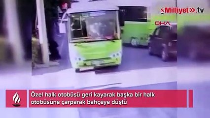 Rampada geri kayan halk otobüsü bahçeye düştü