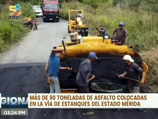 Colocan más de 90 toneladas de asfalto en la vía de Estanques del estado Mérida