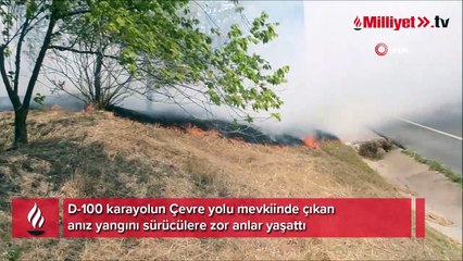 D-100'deki anız yangını sürücülere zor anlar yaşattı