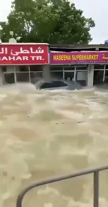 Ce camion traverse des inondations et détruit toutes les vitrines de magasin (Émirats arabes unis)
