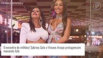 Na reta final da gravidez, Viviane Araujo encontra Sabrina Sato na quadra do Salgueiro. Fotos!