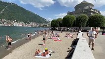 Lago di Como mai così basso: al Tempio Voltiano spunta una spiaggia