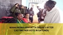 Mama Ngina Kenyatta speaks after casting her vote at Mutomo Primary School, Gatundu
