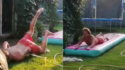 'Man does stunning face-plant after slipping on blow-up air track'