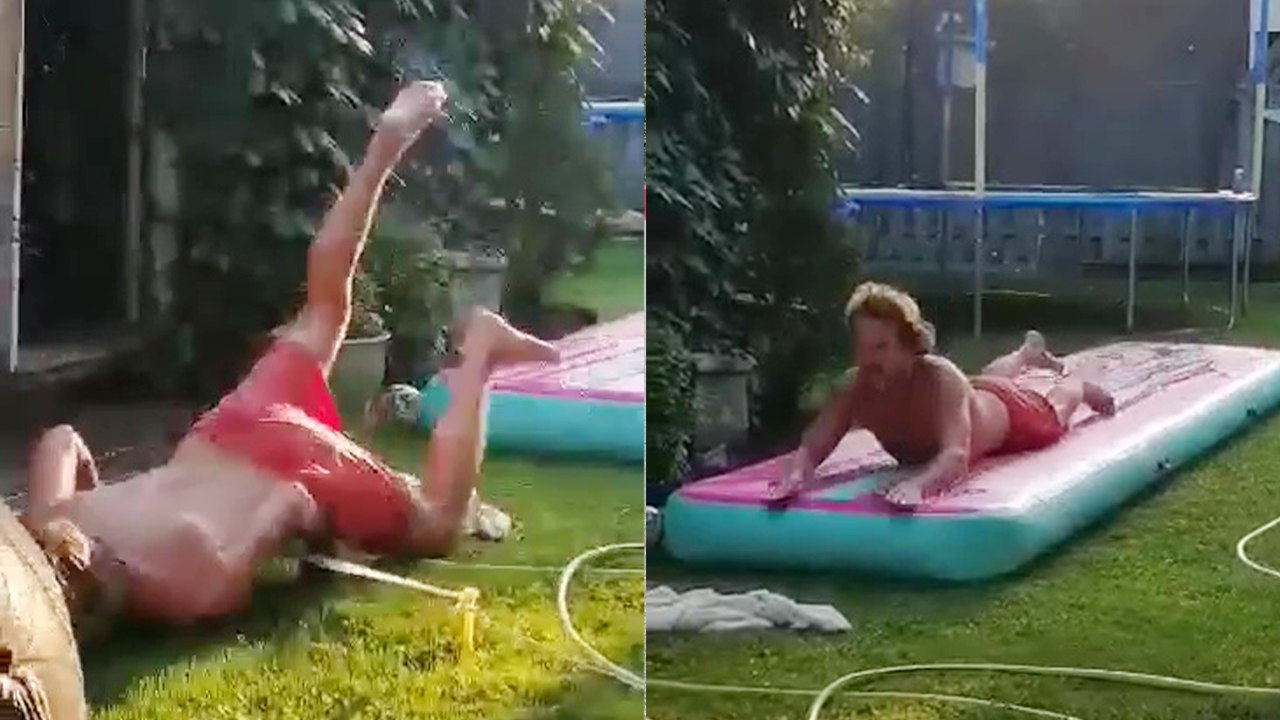 'Man does stunning face-plant after slipping on blow-up air track'