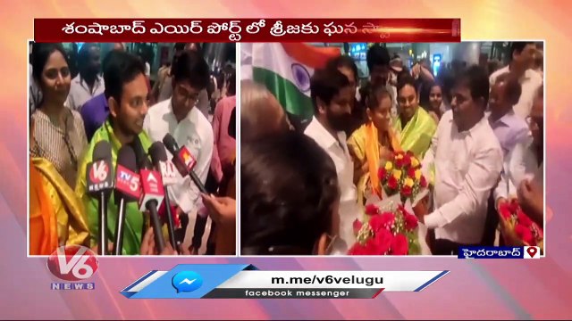 Gold Medalist Sreeja Akula Receives Grand welcome At Hyderabad Airport | V6 News (3)